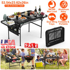 Foldable Camping Table Collapsible Picnic Aluminum Alloy Grill Stand BBQ Table with 66LBS Max Load Adjustable Height 2 Side Wing Trays Storage Net