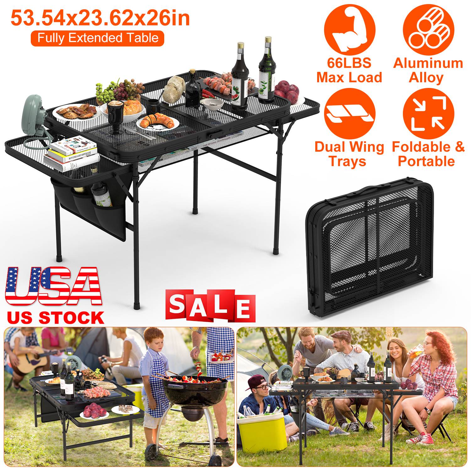 Foldable Camping Table Collapsible Picnic Aluminum Alloy Grill Stand BBQ Table with 66LBS Max Load Adjustable Height 2 Side Wing Trays Storage Net
