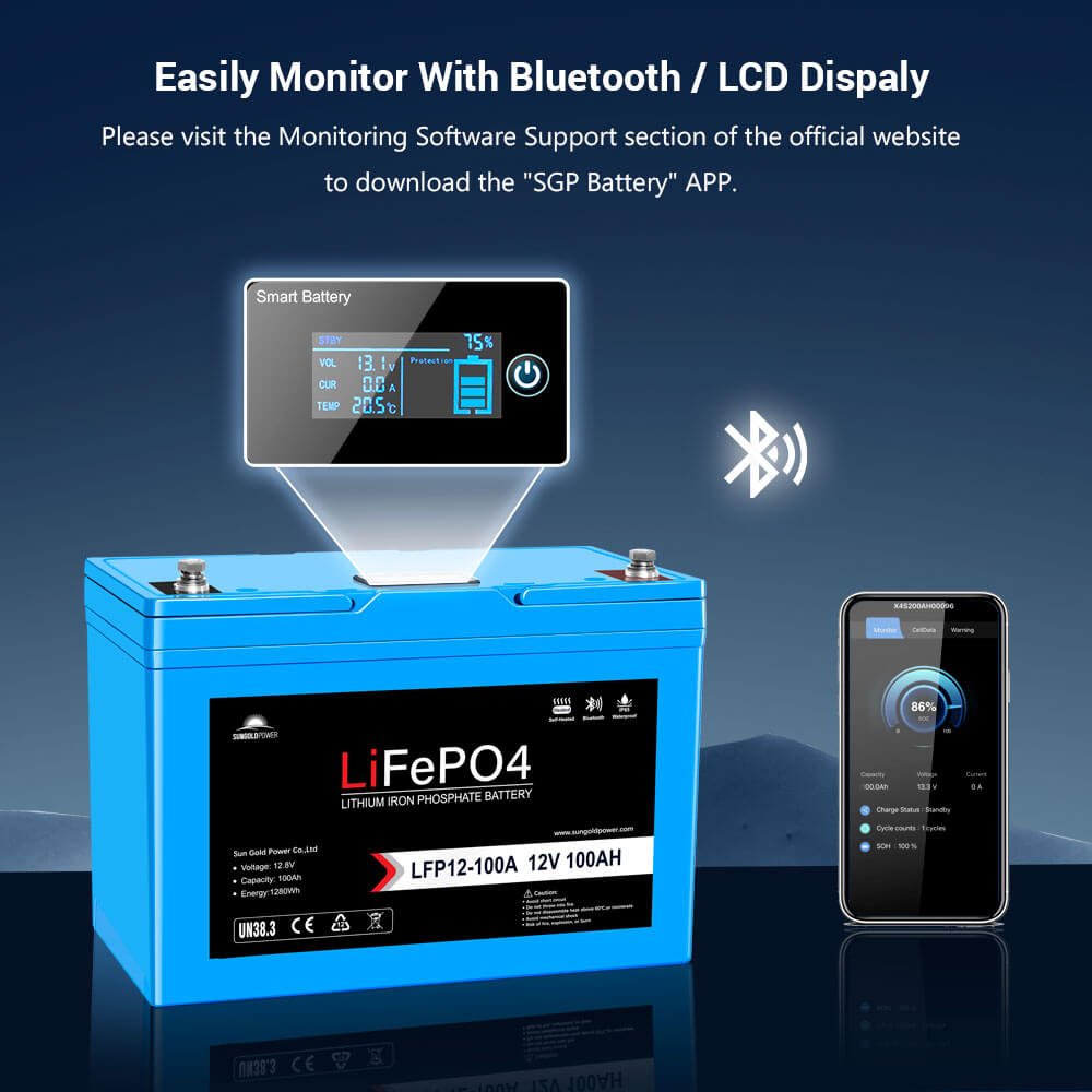 12V 100AH LiFePO4 Deep Cycle Lithium Battery / Bluetooth /Self-heating / IP65