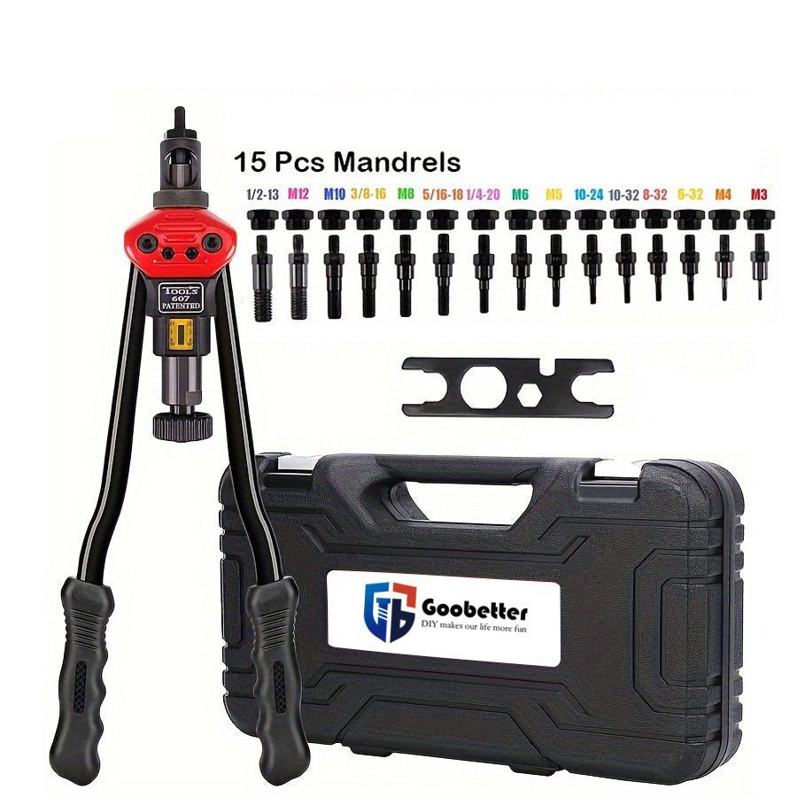 16" Rivet Nut Gun Kit Nut Sert Rivnut Tool With 15pcs Metric and UNC Mandrels