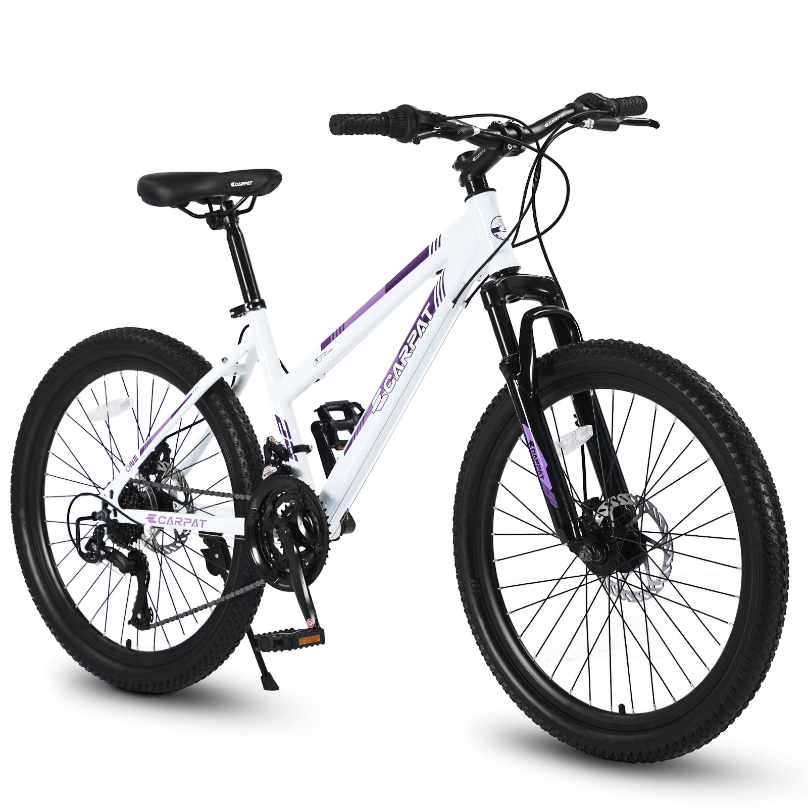 24" Women & Teen Mountain Bike (White/Pink) - Shimano 21-Speed, Dual Disc Brakes & 100mm Front Suspension