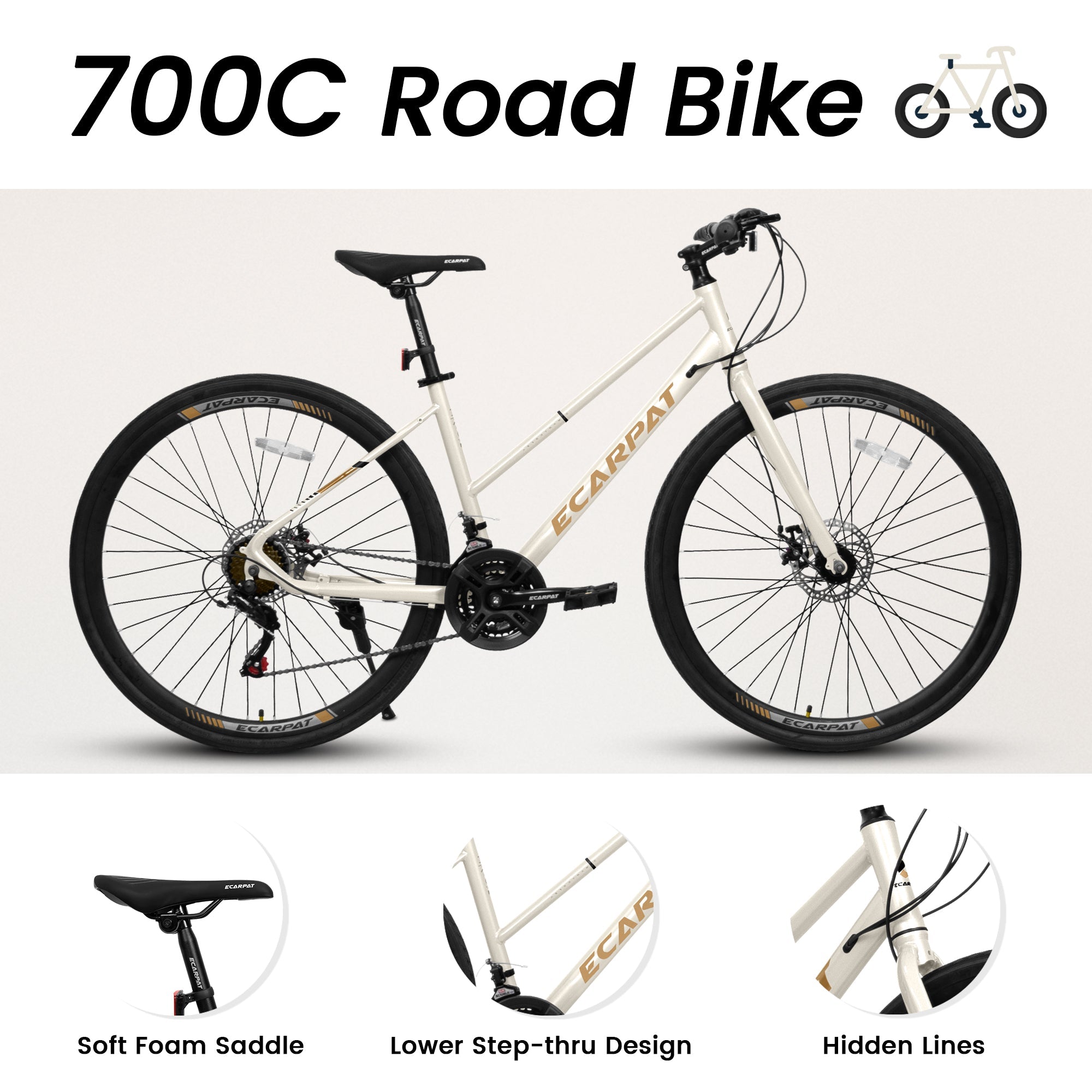 700C Road Bike – UrbanRide | 21-Speed | Disc Brakes | Cream