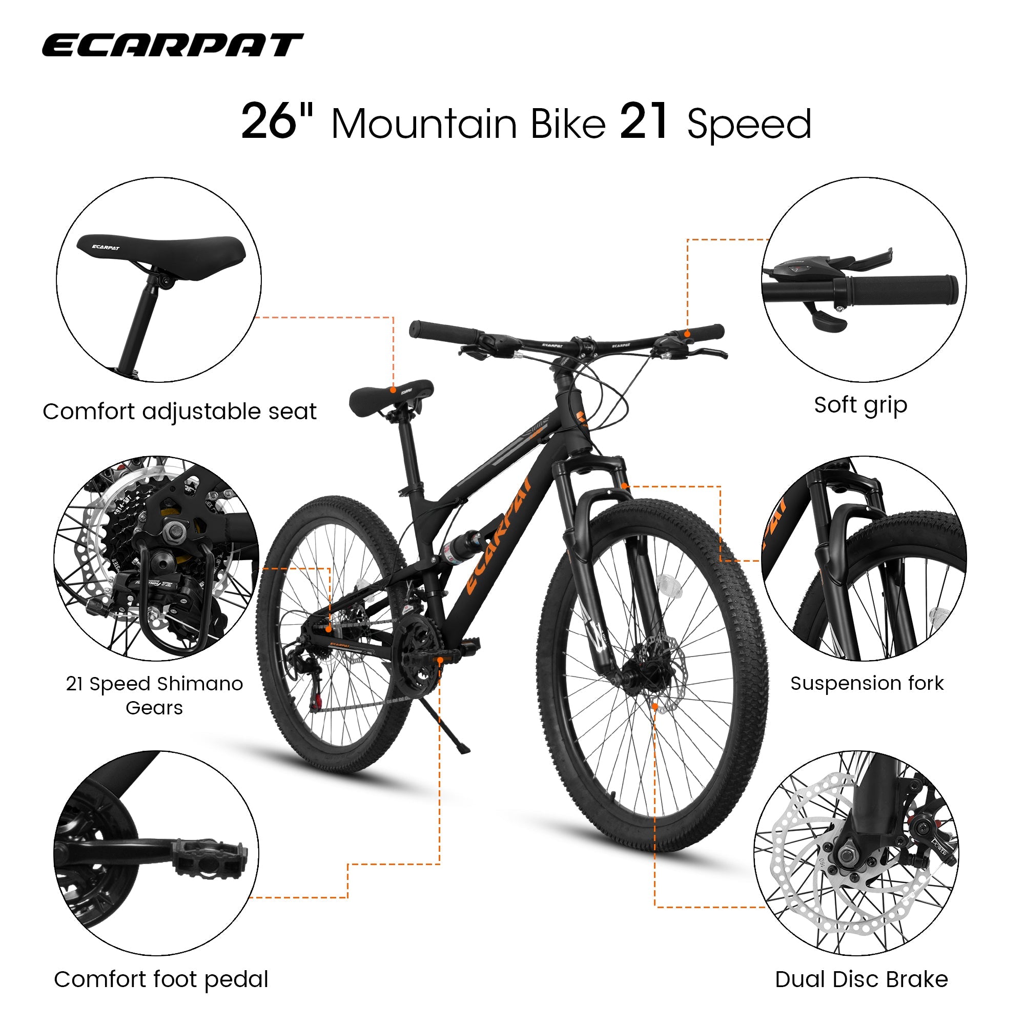 26" RidgeLine Adult Mountain Bike | 21-Speed Hardtail (Black-Orange)