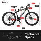 24" Kids & Youth Mountain Bike - Shimano 21-Speed, Dual Disc Brakes & Front Suspension