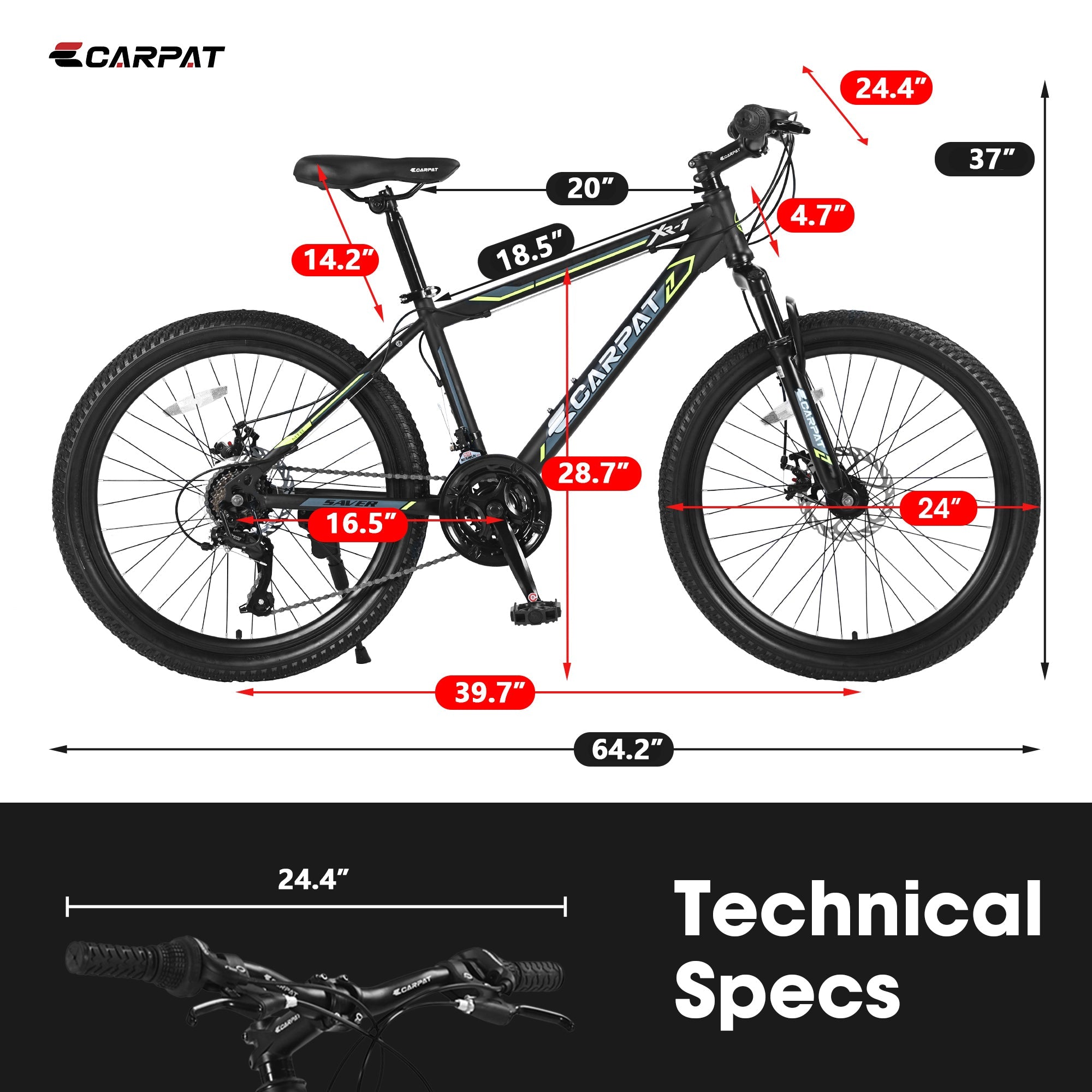 24" Kids & Youth Mountain Bike - Shimano 21-Speed, Dual Disc Brakes & Front Suspension