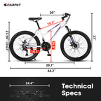 24" Women & Teen Mountain Bike (White/Pink) - Shimano 21-Speed, Dual Disc Brakes & 100mm Front Suspension