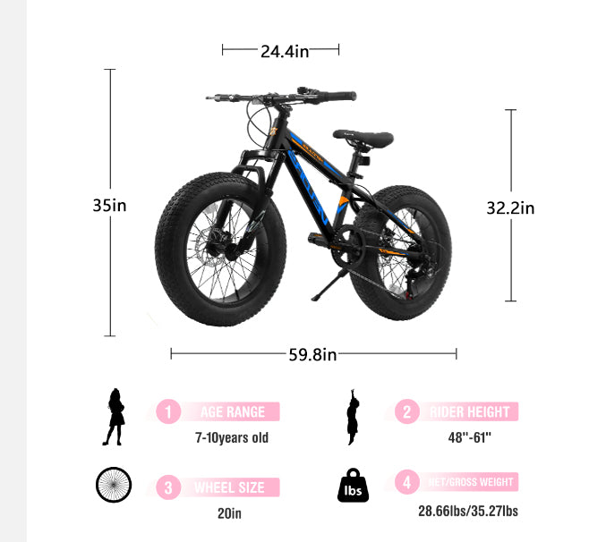 20" Kids Fat Tire Mountain Bike - 7-Speed, Front Suspension & Dual Disc Brakes