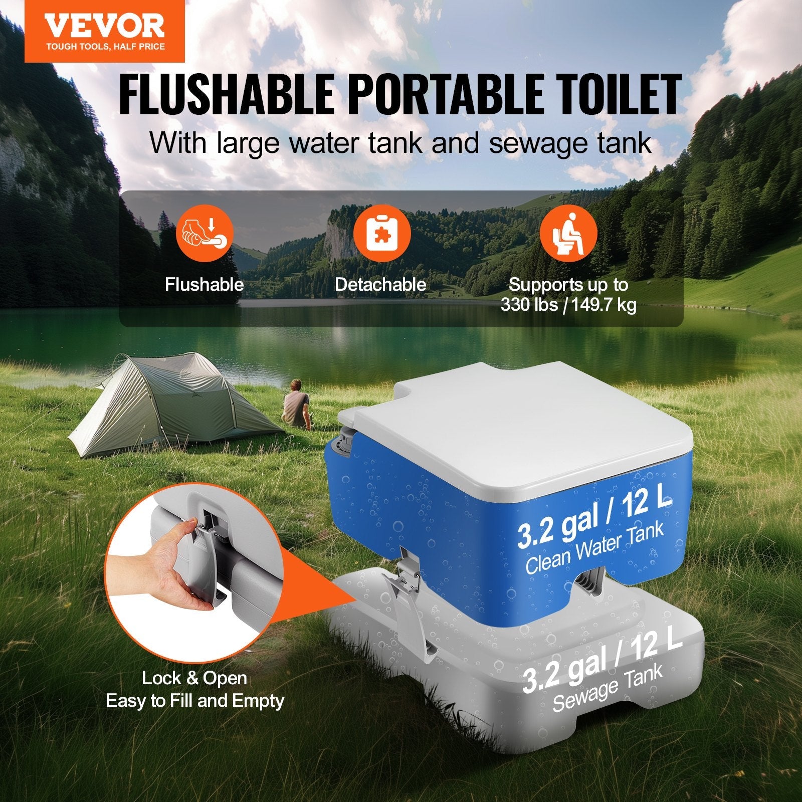 Portable Toilet For Camping with Push-Button Pressurized Flush