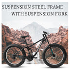 26" Adult Fat Tire Mountain Bike - Full Suspension, Shimano 21-Speed & Dual Disc Brakes