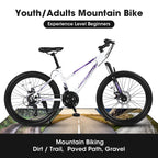 24" Women & Teen Mountain Bike (White/Pink) - Shimano 21-Speed, Dual Disc Brakes & 100mm Front Suspension