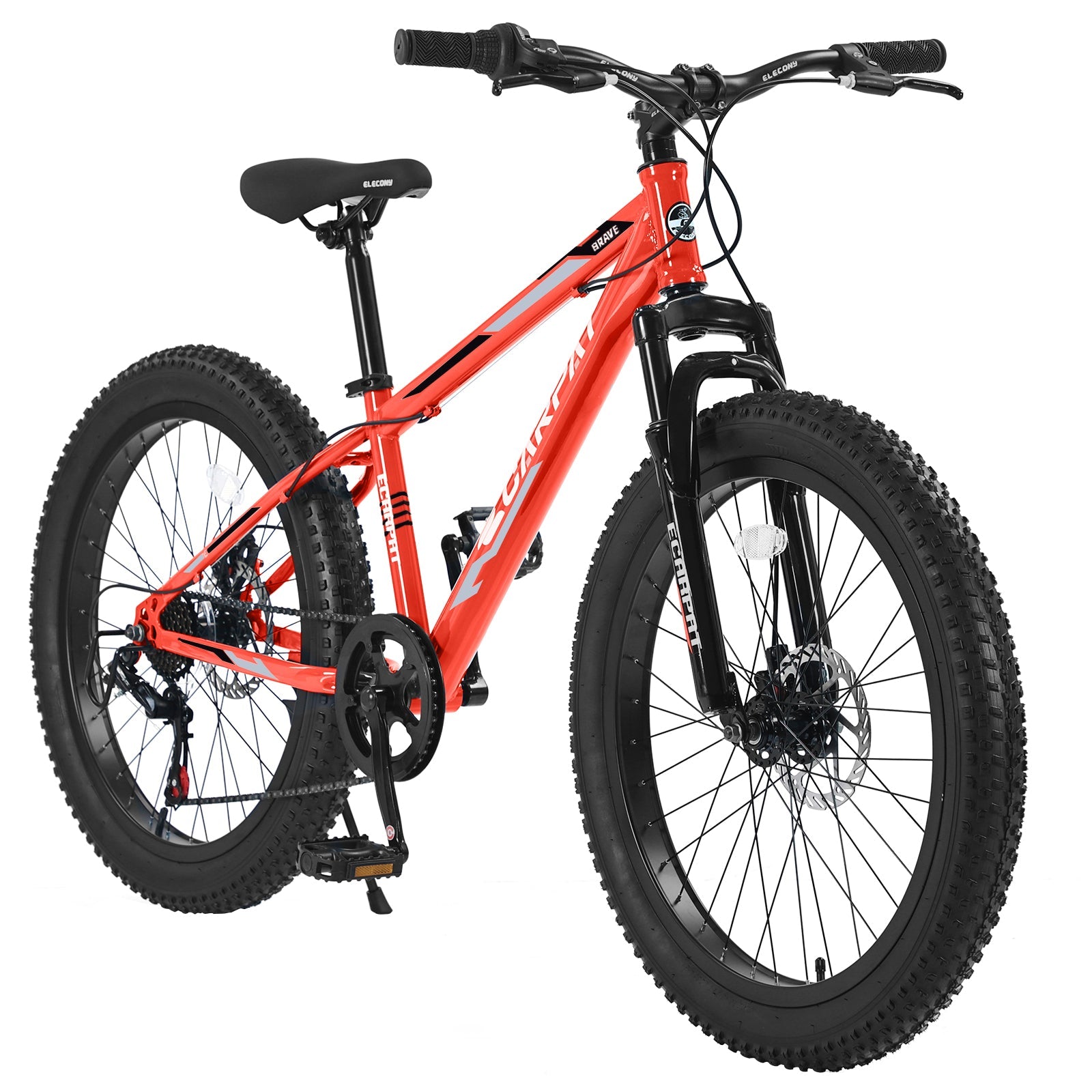 24" Elecony Youth Fat Tire Mountain Bike (Orange) - Shimano 7-Speed & Dual Disc Brakes
