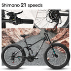 26" Adult Fat Tire Mountain Bike - Full Suspension, Shimano 21-Speed & Dual Disc Brakes