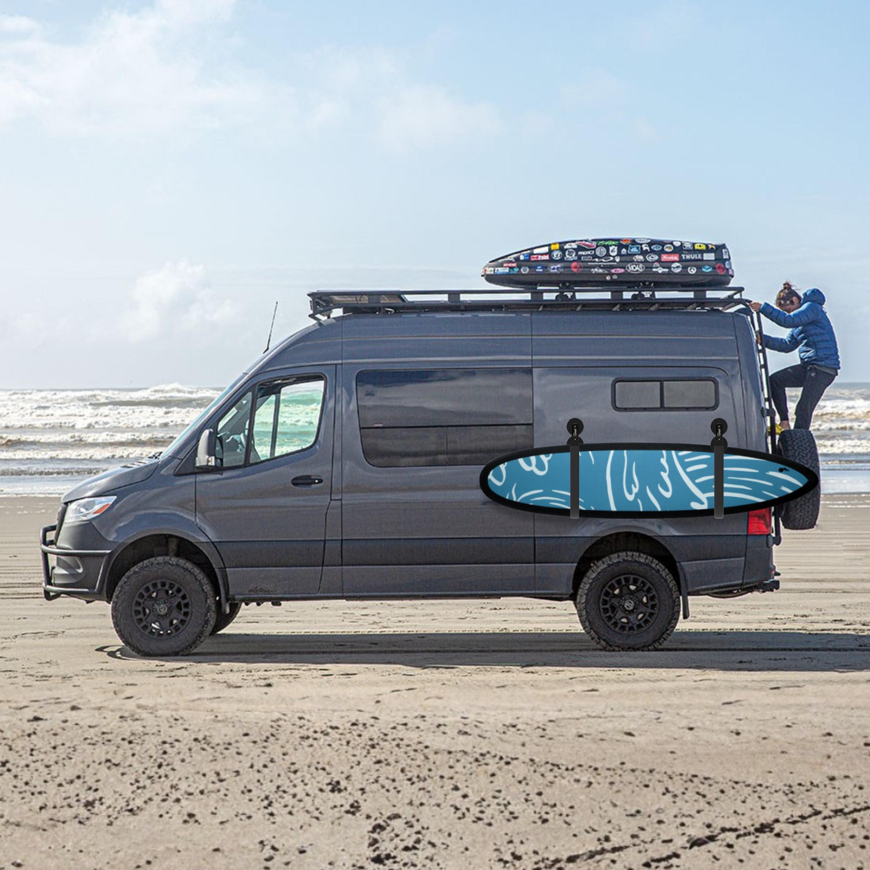 Van with Magnetic Surfboard Rack for beach camping
