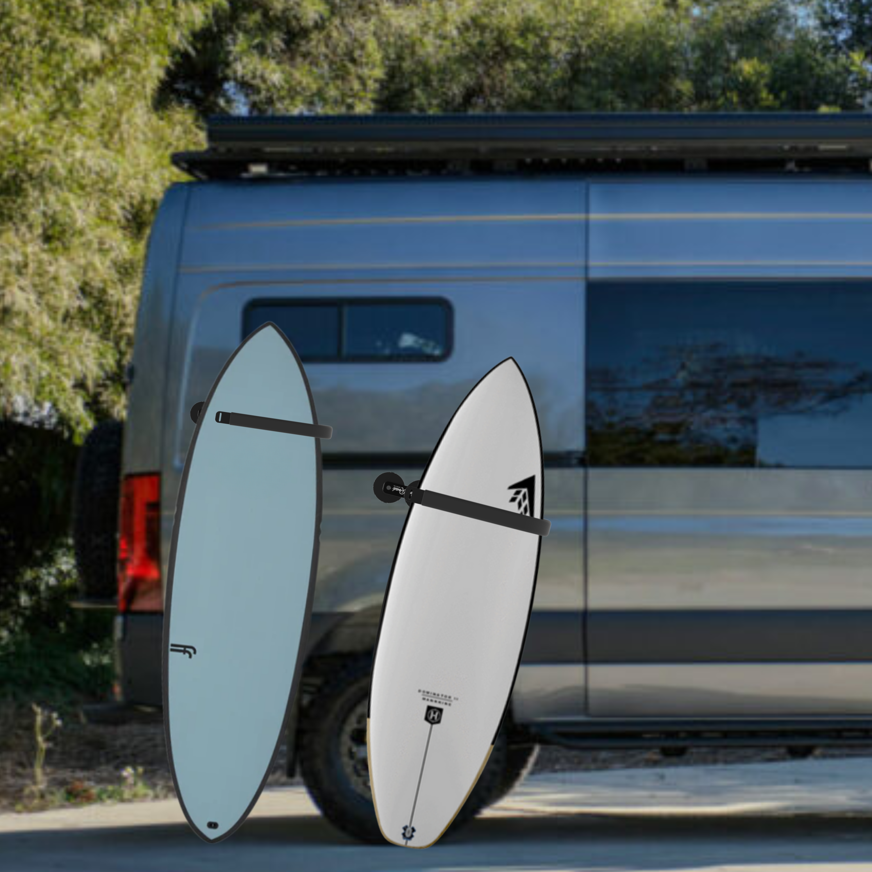 Magnetic surfboard rack for sprinter and transit