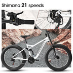 26" Men's Full-Suspension Fat Tire Mountain Bike (White) - Shimano 21-Speed & Dual Disc Brakes