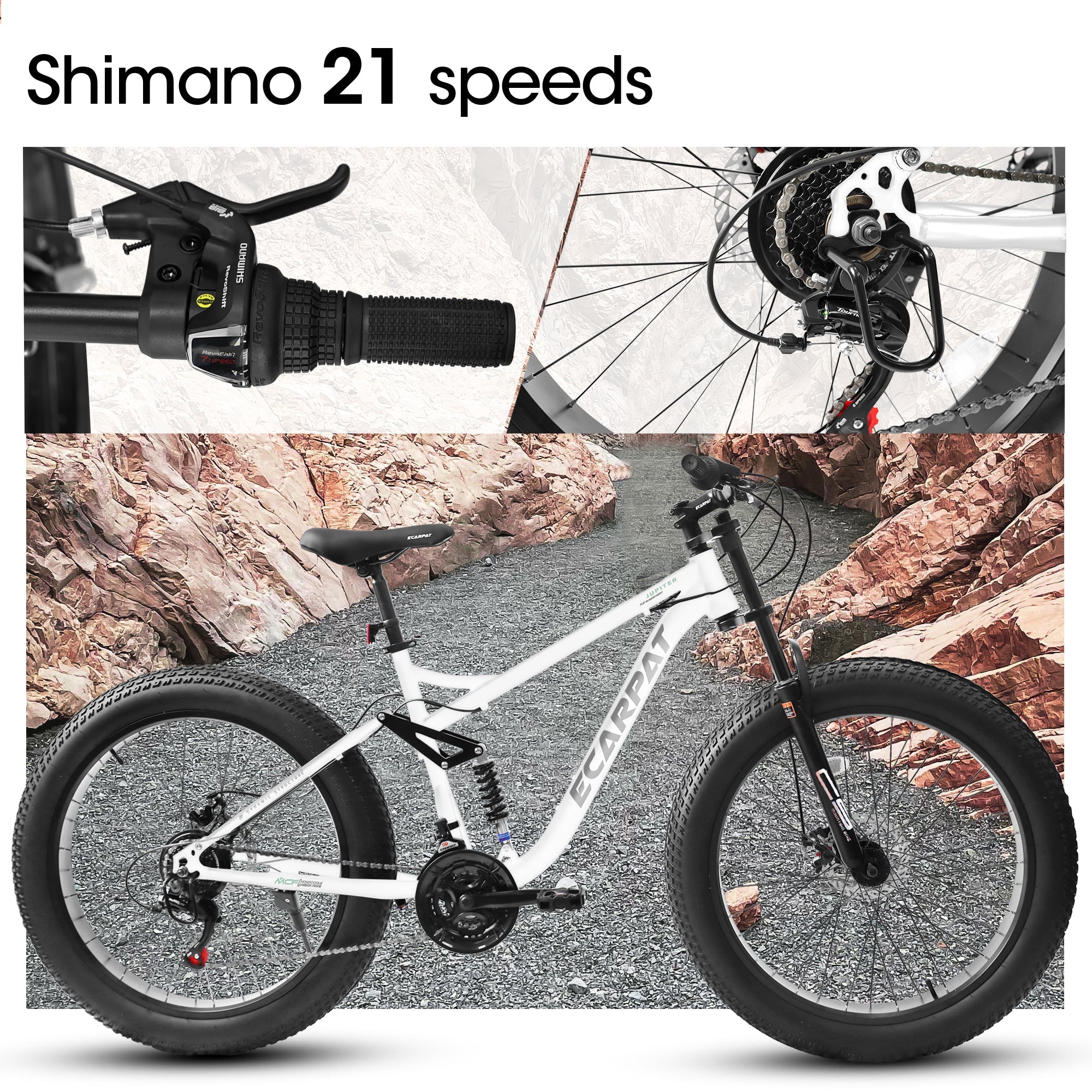 26" Men's Full-Suspension Fat Tire Mountain Bike (White) - Shimano 21-Speed & Dual Disc Brakes