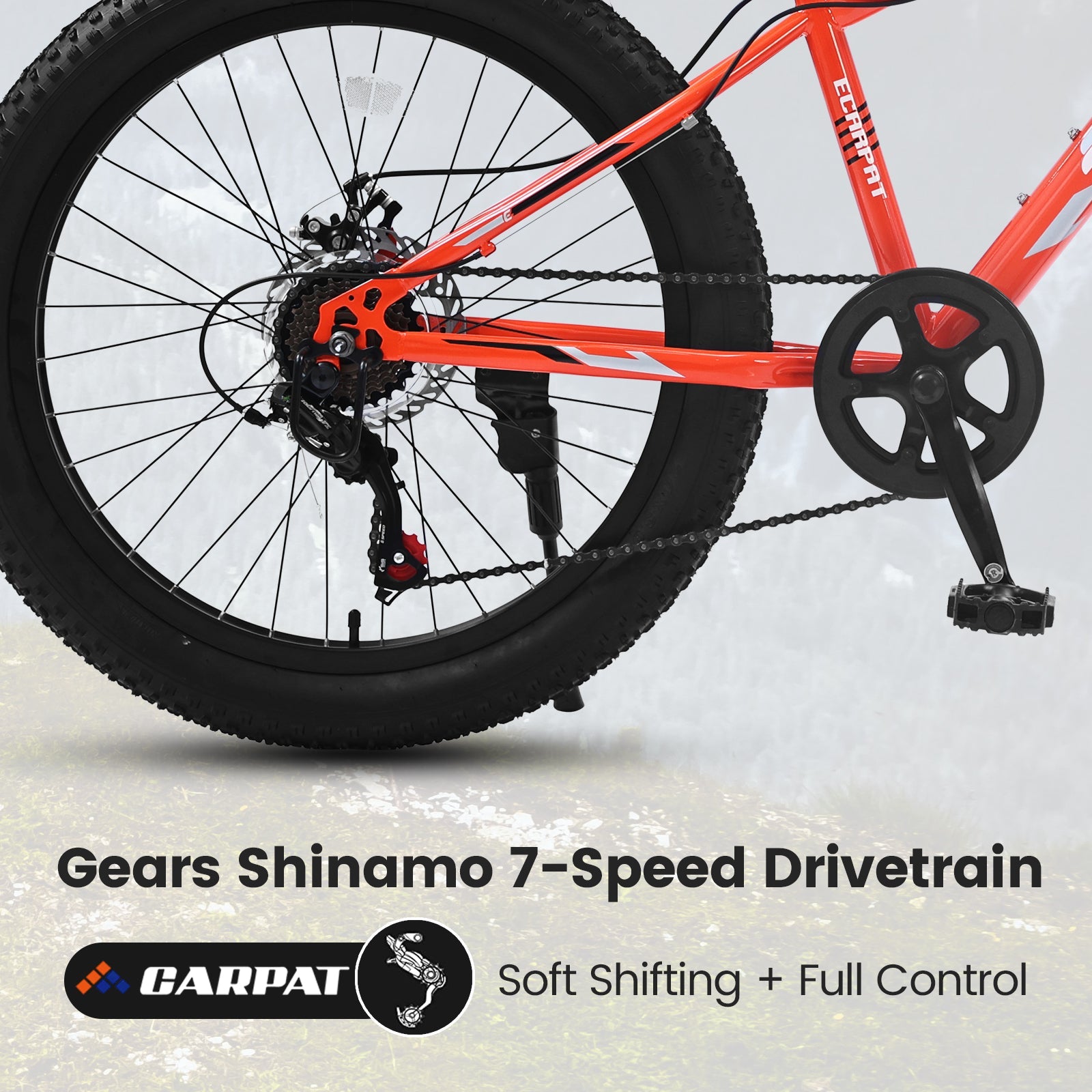 24" Elecony Youth Fat Tire Mountain Bike (Orange) - Shimano 7-Speed & Dual Disc Brakes