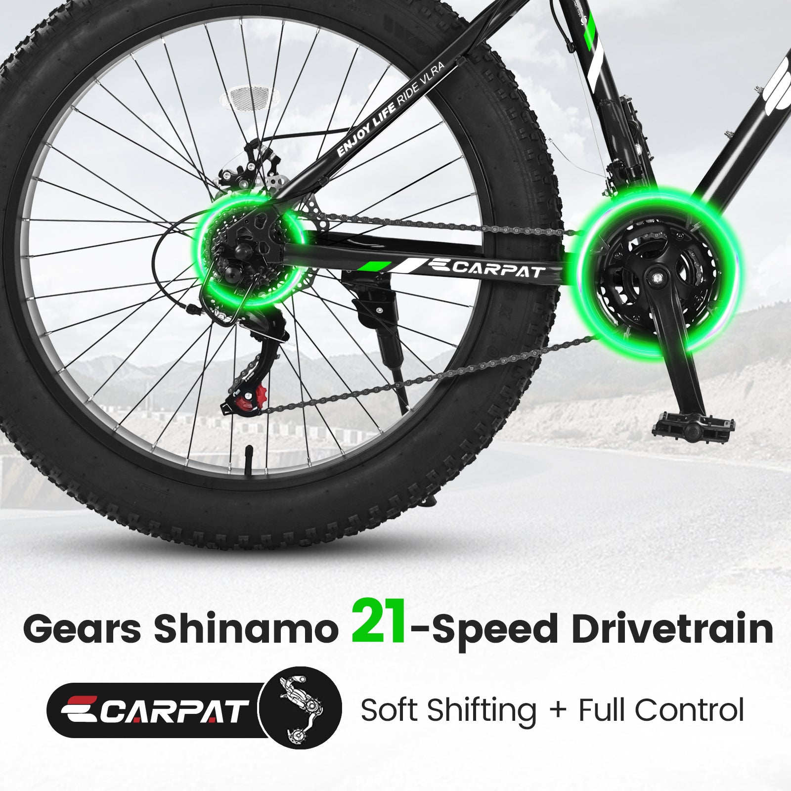 26" Elecony Fat Tire Mountain Bike - Full Shimano 21-Speed, Dual Disc Brakes & Front Suspension