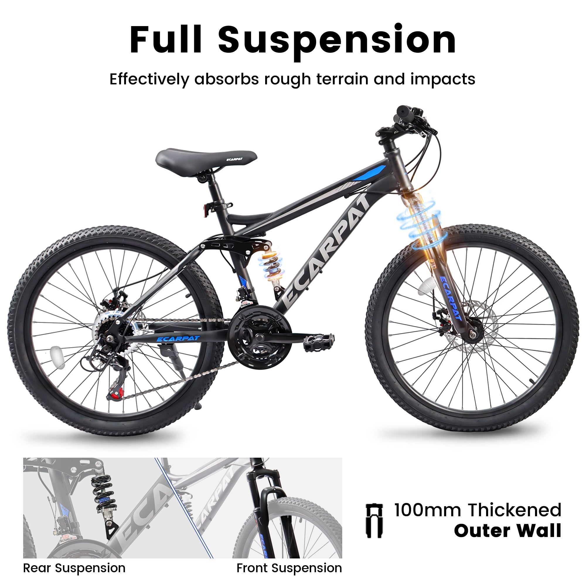 24" TrailX Adult Mountain Bike | 21-Speed Full Suspension (Black)