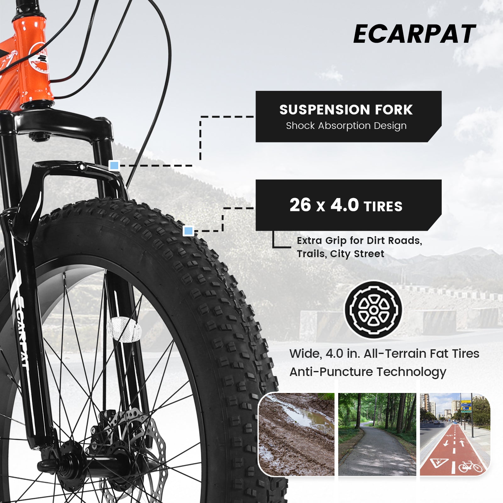 26" Elecony Fat Tire Mountain Bike (Orange) - Shimano 21-Speed, Dual Disc Brakes & Front Suspension