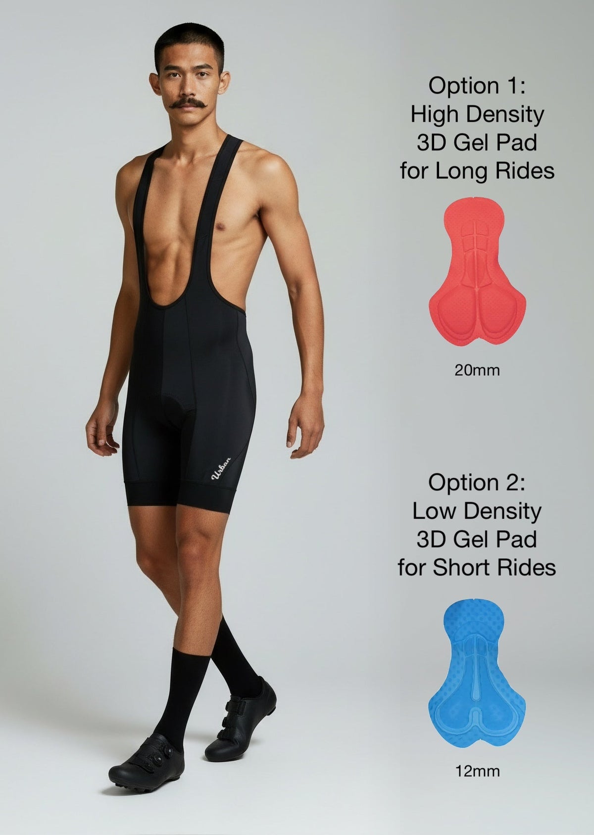 Pro Men’s Black Cycling Bib Shorts – Dual 3D Gel Pad Options for Customized Comfort & Performance