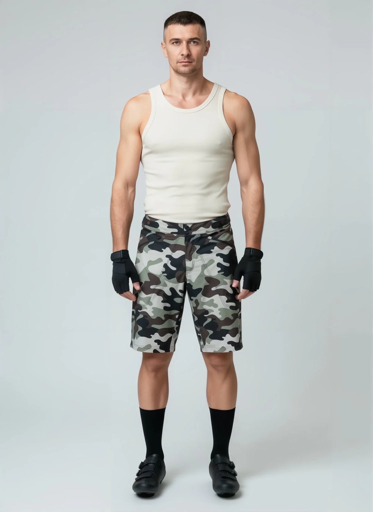 The Shredder Camo — Men's MTB Shorts with Detachable Padded Undershorts | Green & Black Camo